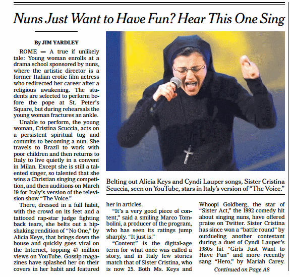Suor Cristina sulla prima pagina del New York Times grazie a The Voice | Video